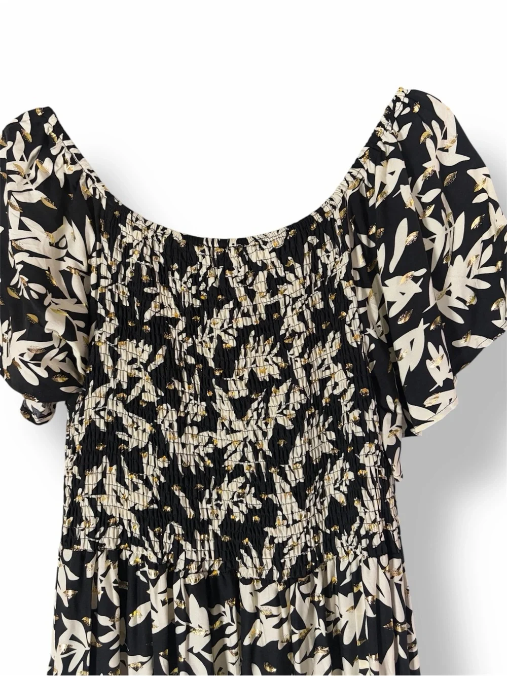 Kindred Smocked Off-Shoulder Black Metallic Gold Floral High Low Midi Dress 2X